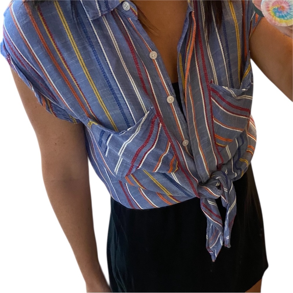 BP Nordstrom Tie Front Chambray Striped Short Sleeve Blouse - Picture 8 of 12